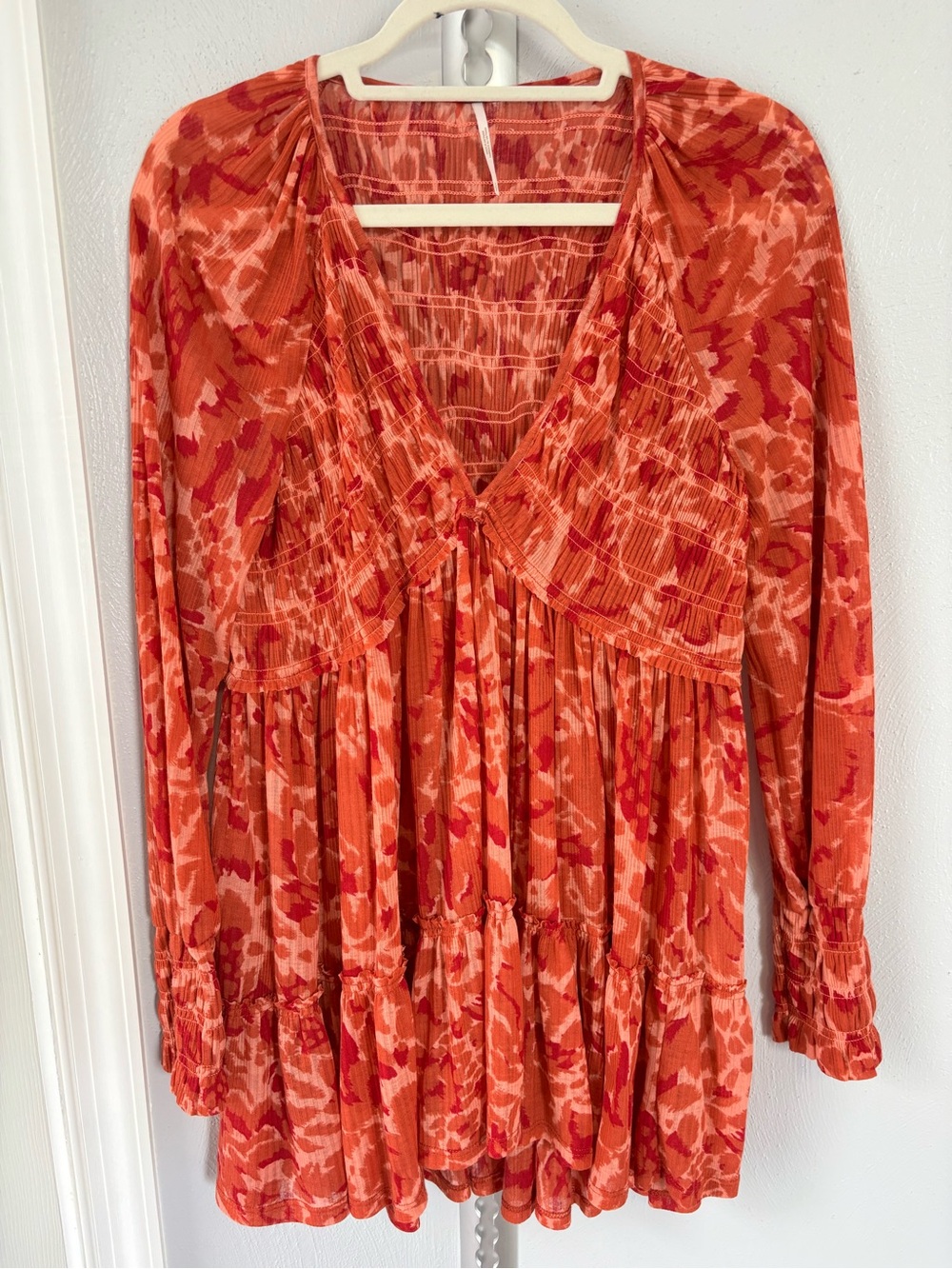 Free People Orange Printed V-Neck Tiered Long Sleeve Tunic